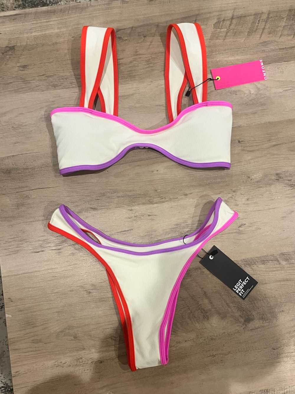 ONEONE swim (Naples) colorblock Ribbed cream Bikini with Pink & Purple Trim (M)